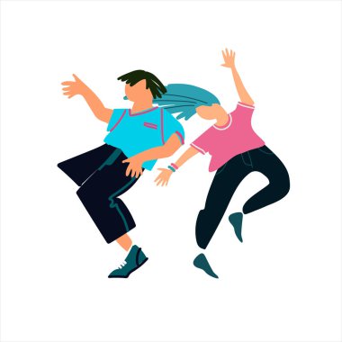 Genç adam ve kadın dans ediyor, eğleniyorlar. Beyaz arkaplanda izole