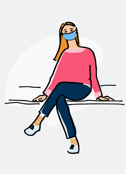 Jonge vrouw met masker zittend op een bank illustratie. Respiratoire hygiëne tijdens het concept van een coronaviruspandemie — Stockvector