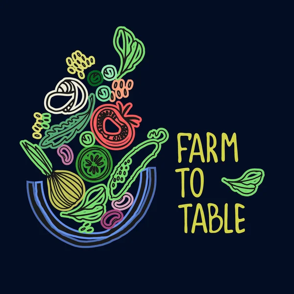 Sağlıklı çiftlik yiyeceği konsepti. Taze sebze konsepti. El yazısı slogan ve sağlıklı karbonhidrat besin çizimleri