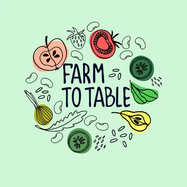 Sano concetto di cibo agricolo. Decorazione circolare witth disegnato a mano frutta e verdura. Lettere a mano — Vettoriale Stock