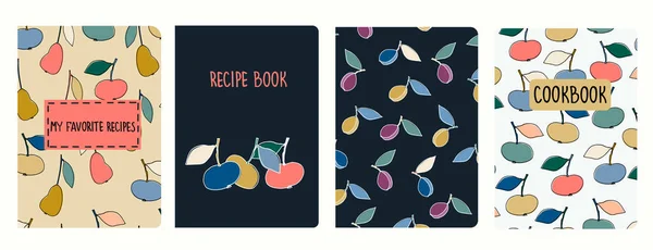 Cover page templates for recipe books based on seamless patterns with apples, pears, plums — Stock Vector
