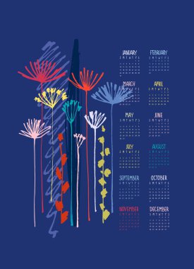 Calendar 2021 with hand drawn Apiaceae flowering plants clipart