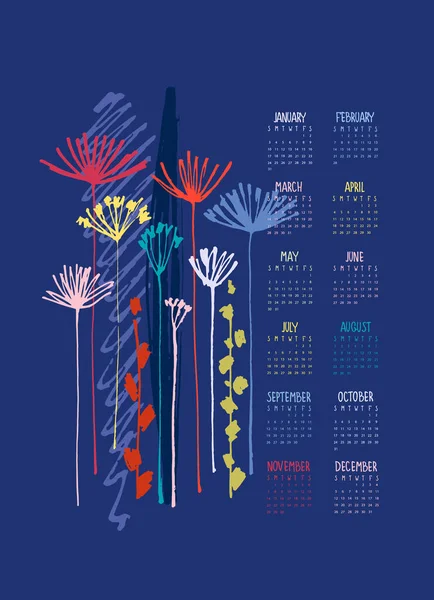 Kalender 2021 med handritade Apiaceae blommande växter — Stock vektor