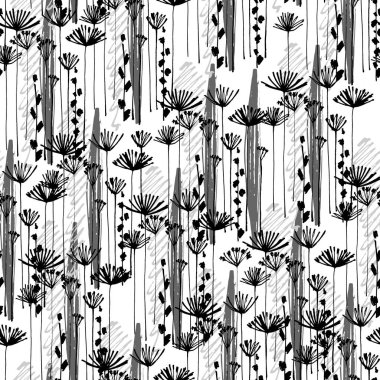 Seamless black and white pattern with hand drawn Apiaceae flowering plants clipart