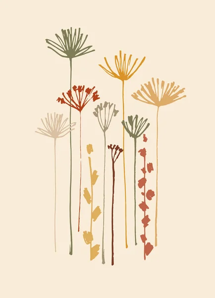 Gráficos vetoriais com plantas com flores Apiaceae desenhadas à mão. Decoração arte imprimível. Perfeito para impressões digitais, cartões — Vetor de Stock