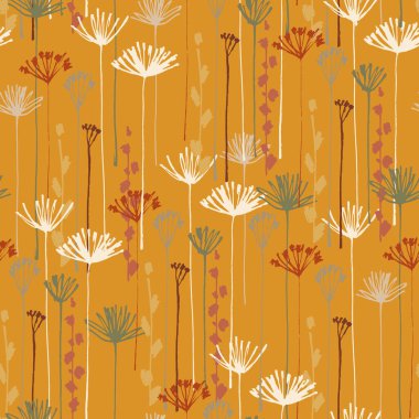 Seamless pattern with hand drawn Apiaceae flowering plants on ochre background clipart