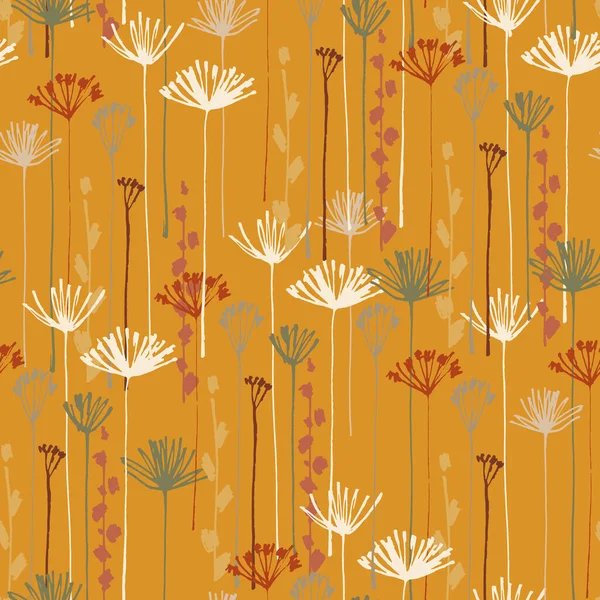 Ochre arka planında Apiaceae çiçekli elle çizilmiş kusursuz desen