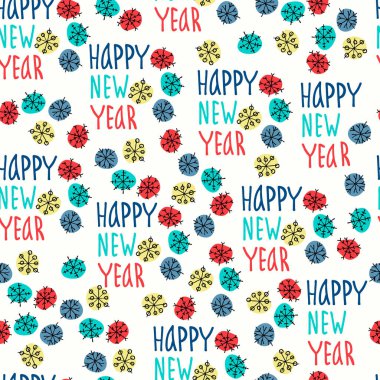 Renkli kar taneleri ve mutlu yıllar el yazısı olan kusursuz bir desen.