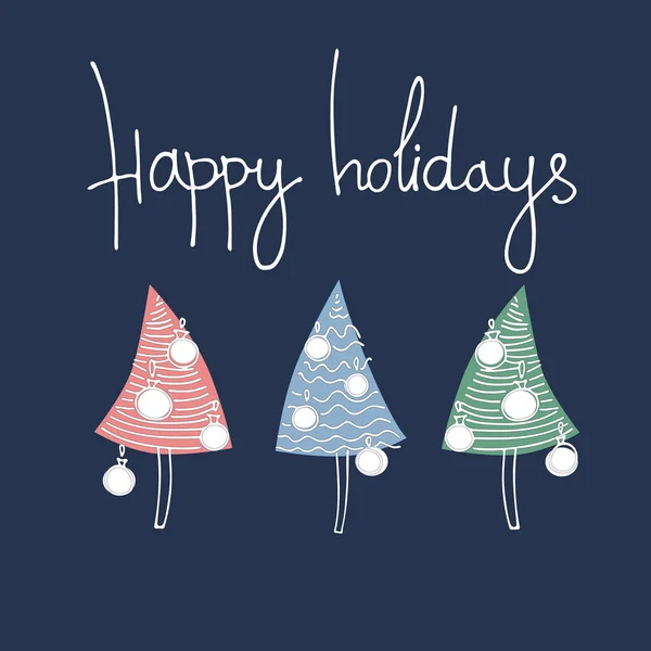 Tarjeta de felicitación Happy Holidays en estilo moderno. Árboles de Navidad, letras, fondo azul — Vector de stock