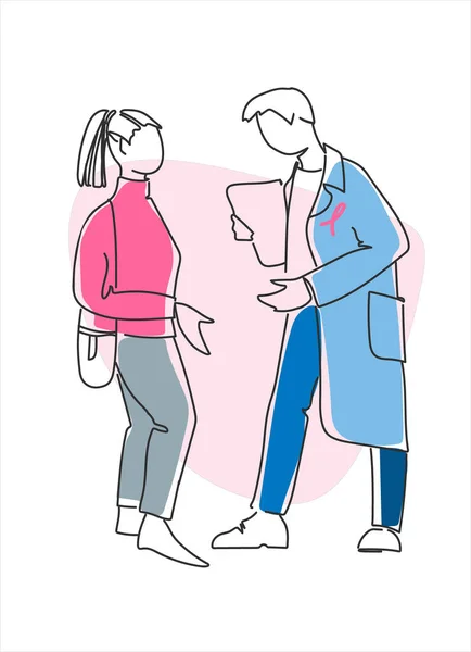 유방암 인식의 달 개념. 분홍색 리본을 두른 의사와 여성 환자 사이 의대화 — 스톡 벡터