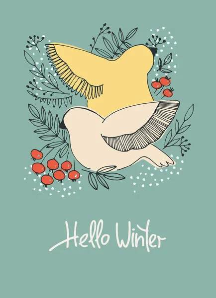 Hola Fondo de invierno con pájaros picoteando bayas — Archivo Imágenes Vectoriales
