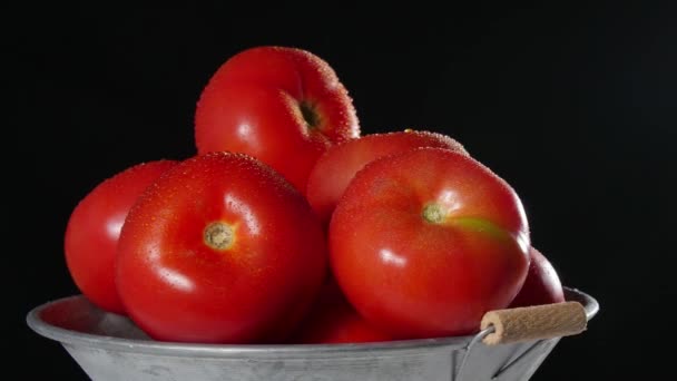 Close Tomates Girando Sobre Fundo Preto — Vídeo de Stock