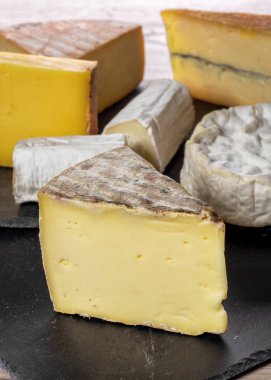 Kayrak bir plaka üzerinde farklı Fransız peynir