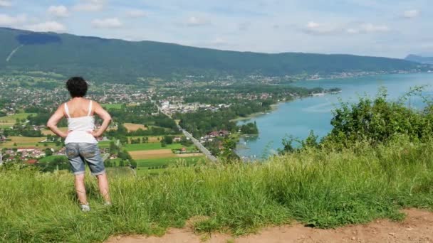 Hiker Watching Annecy Lake French Alps — Stock Video