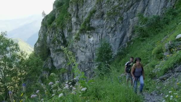两名徒步旅行者在比利牛斯山山漫步 — 图库视频影像