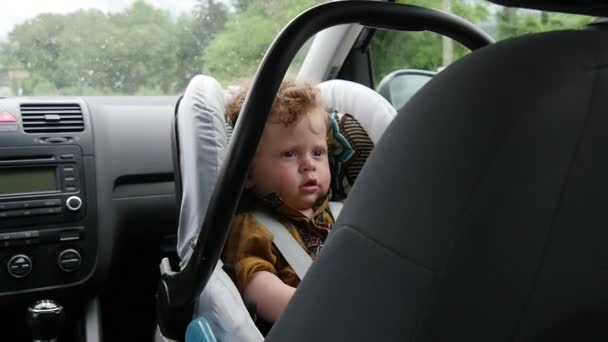 Porträt Eines Kleinen Jungen Auf Dem Autositz — Stockvideo