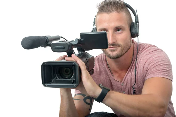 Homme Avec Caméscope Professionnel Isolé Sur Fond Blanc — Photo