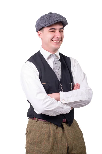 Jeune Homme Vêtements Vintage Avec Chapeau Style 1930 Sur Blanc — Photo