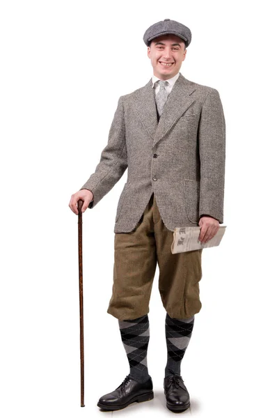 Молодой Человек Винтажной Одежде Шляпе Стиле 1930 Года Белом — стоковое фото