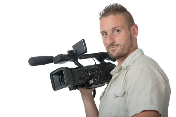 Hombre Con Videocámara Profesional Aislado Sobre Fondo Blanco — Foto de Stock