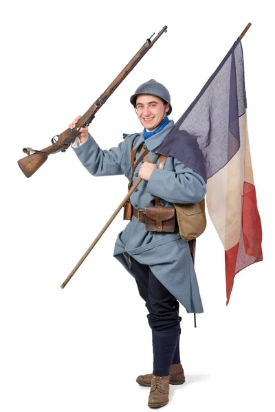 1918法国战士用步枪和三色旗子在白色背景上 — 图库照片