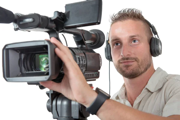 Kameramann Mit Professionellem Camcorder Und Kopfhörer Isoliert Auf Weißem Hintergrund — Stockfoto