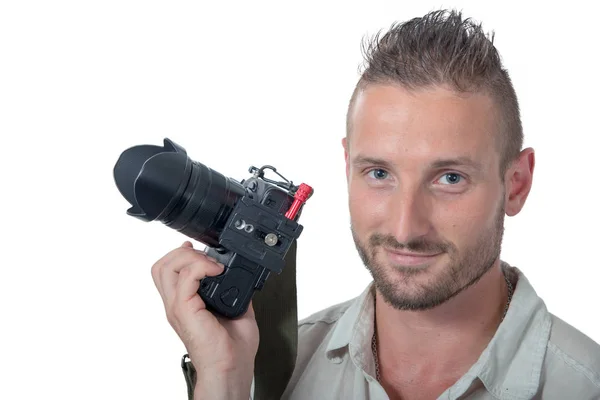 Joven Fotógrafo Aislado Sobre Fondo Blanco — Foto de Stock