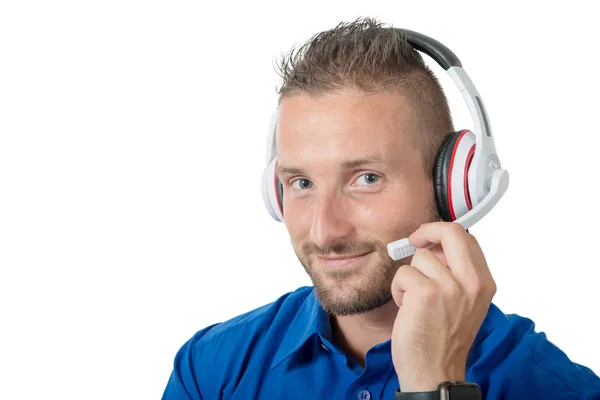 Portrait Jeune Homme Beau Avec Casque Chemise Bleue Sur Blanc — Photo