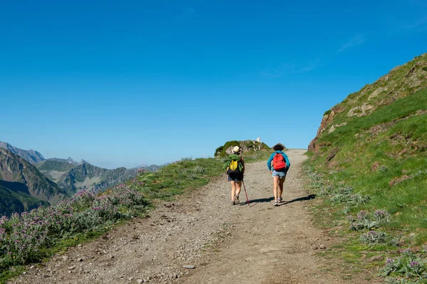 Två Kvinnor Hiker Skogsstig Franska Pyrenéerna — Stockfoto