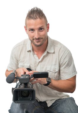 Beyaz arka plan üzerinde izole profesyonel video kamera ile kameraman