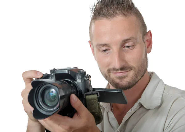 Mladý Muž Fotograf Izolovaných Bílém Pozadí — Stock fotografie