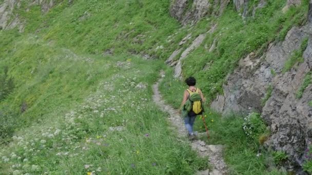 妇女徒步旅行者在山小径在比利牛斯山脉 — 图库视频影像