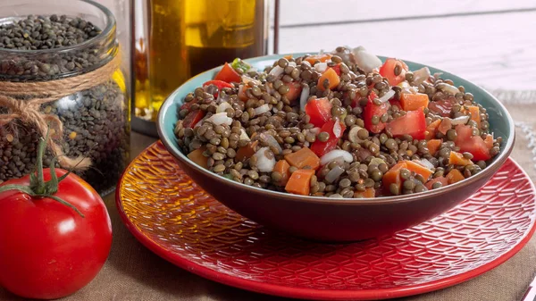 Plate Lentil Salad Tomatoes Onions — Stock Photo, Image
