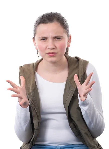 Retrato Jovem Adolescente Irritado Isolado Branco — Fotografia de Stock