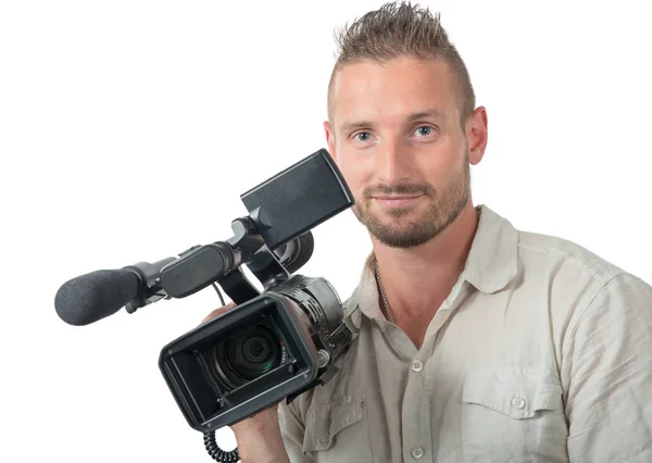 Man Met Professionele Camcorder Geïsoleerd Een Witte Achtergrond — Stockfoto