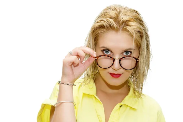 Pretty Blonde Woman Dressed Yellow Glasses White Background — Stock Photo, Image