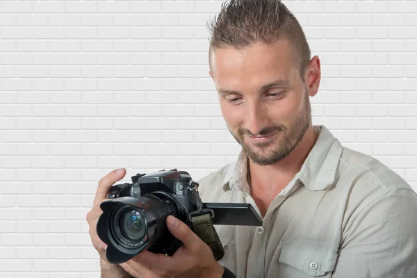 Smiling Young Man Photographer Dslr Camera — Stock Photo, Image