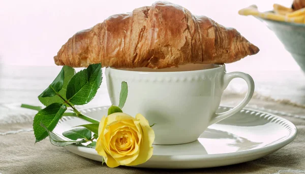 European Breakfast Coffee Milk Croissants — Stock Photo, Image