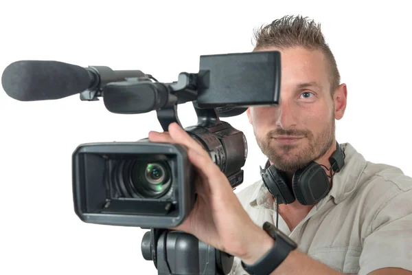 Cameraman Con Videocamera Professionale Isolato Sfondo Bianco — Foto Stock