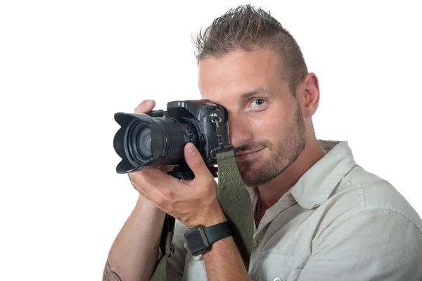 Mladý Muž Fotograf Izolovaných Bílém Pozadí — Stock fotografie