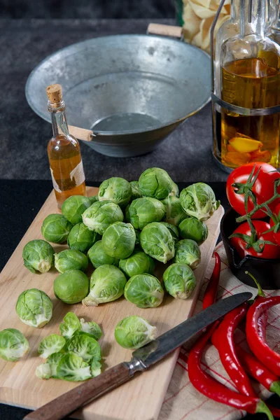 Brussels Sprouts Wooden Board — Stock Photo, Image