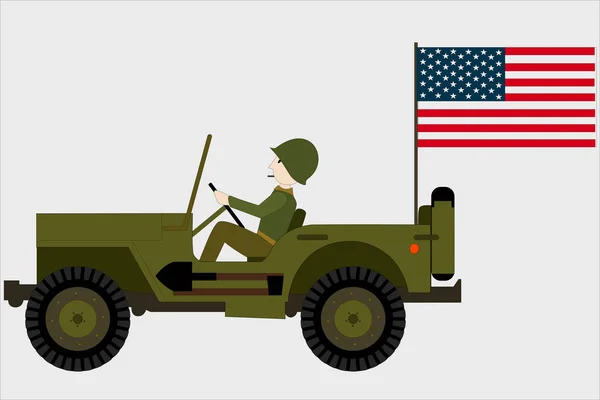 Amilitary Jeep Egy Katona Amerikai Zászlót — Stock Vector