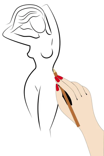 Primer Plano Las Manos Dibujando Una Mujer Desnuda — Archivo Imágenes Vectoriales