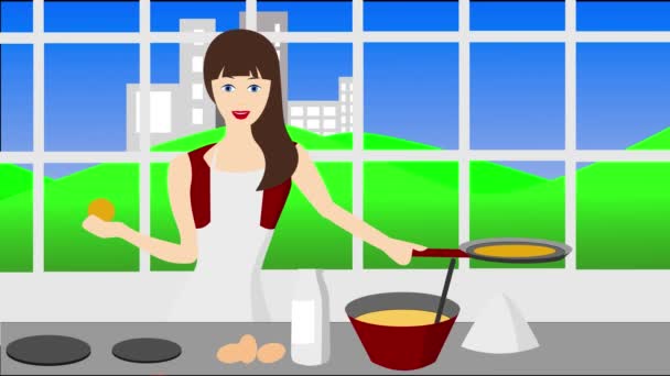 Mujer Joven Haciendo Panqueques Cocina — Vídeos de Stock