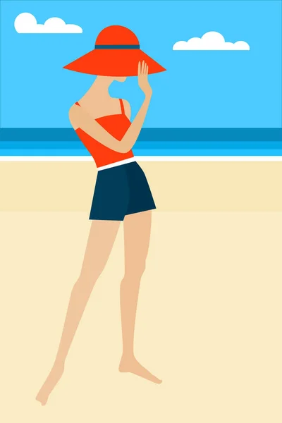 Junge Frau Mit Großem Hut Strand — Stockvektor