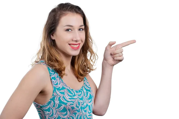 Sonriente Joven Atractiva Mujer Señalando Con Dedo Copyspace —  Fotos de Stock