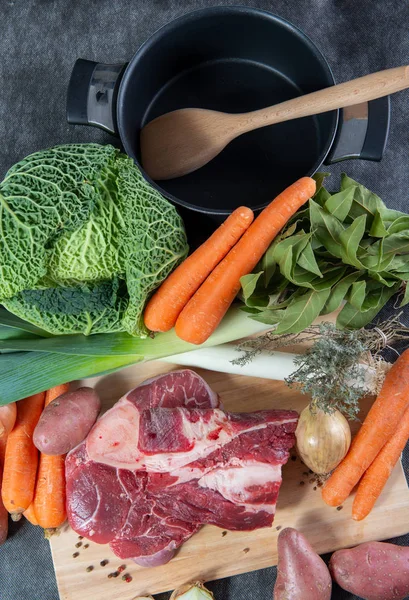 Viande Légumes Pour Préparation Pot Feu Français — Photo