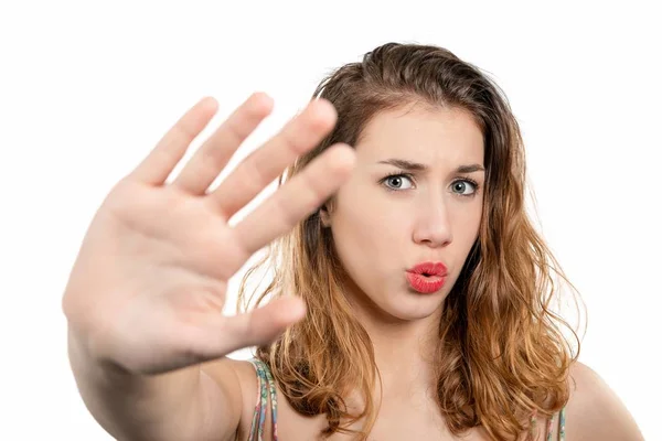 Portret Van Een Mooi Meisje Stopbord Tonen Met Palm Geïsoleerd — Stockfoto