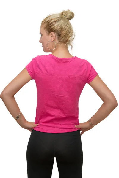 Back View Beautiful Blonde Girl Pink Shirt White Backgroung — Stock Photo, Image