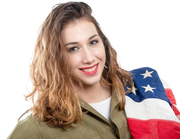 Hübsche Junge Frau Wwii Uniform Uns Mit Einer Amerikanischen Flagge — Stockfoto